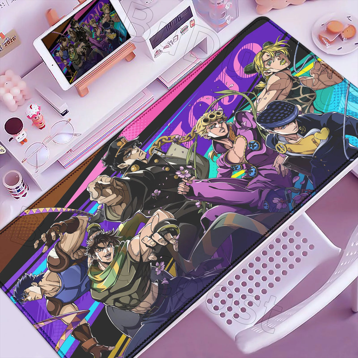 Anime-inspired XXL gaming mouse pad featuring characters and vibrant colors with a non-slip rubber base