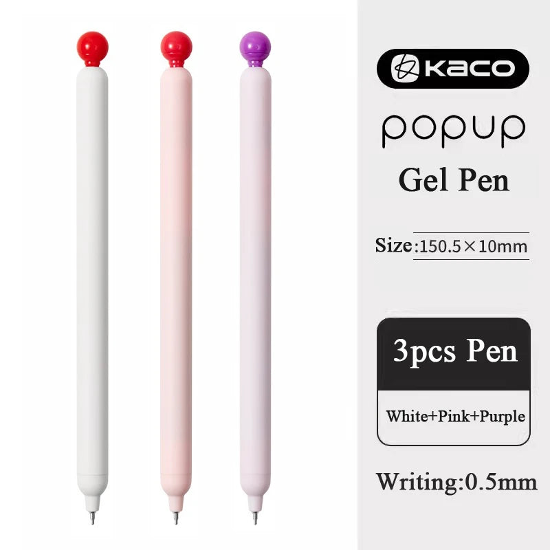 Three smooth gel pens in white, pink, and purple colors shown side by side.