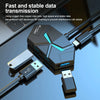 A close-up view of a black USB 3.0 multi-port hub with Type-C power port and shielded wires.