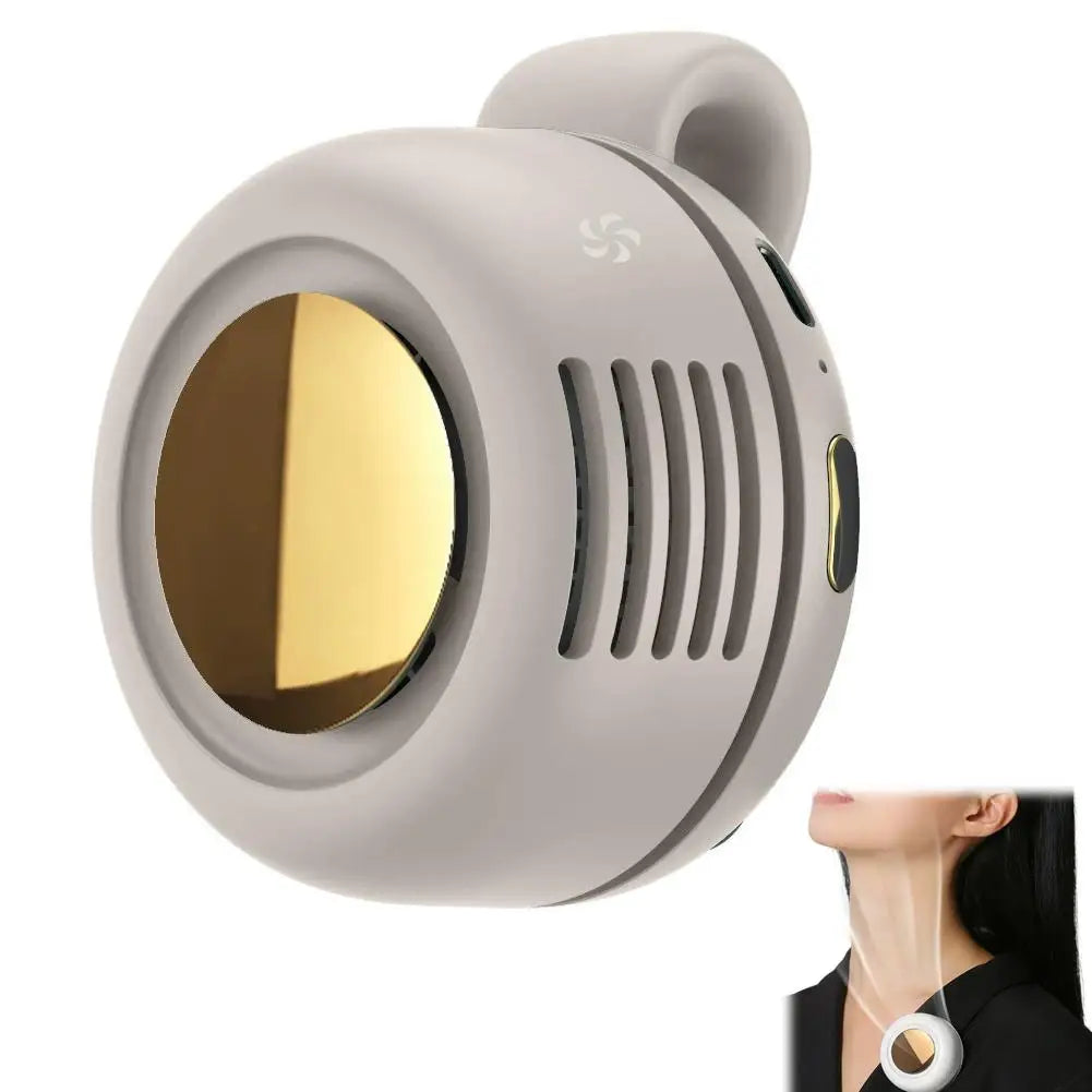A portable mini blade-less electric fan in light gray with a circular grille and a flexible neck.