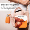 A pink bag shows an exquisite ring clasp attached to a phone case.