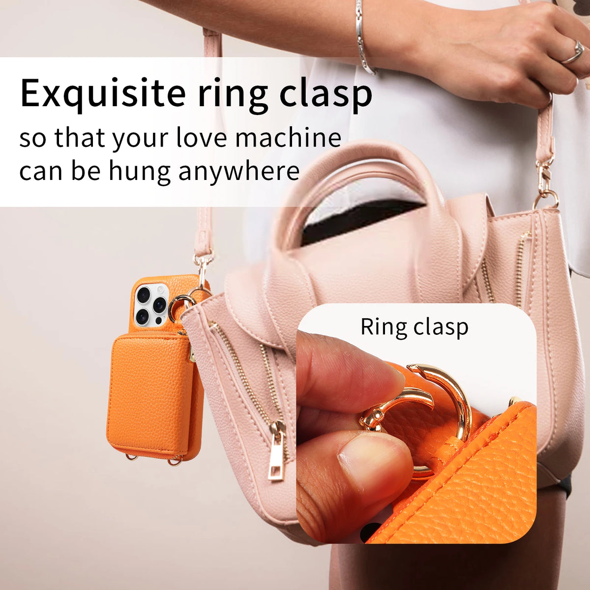 A pink bag shows an exquisite ring clasp attached to a phone case.