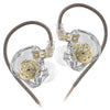 A pair of KZ EDX Lite wired in-ear monitors with gold accents and brown cables.
