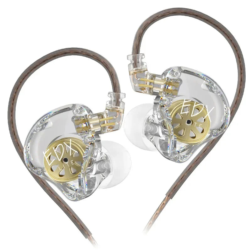 A pair of KZ EDX Lite wired in-ear monitors with gold accents and brown cables.