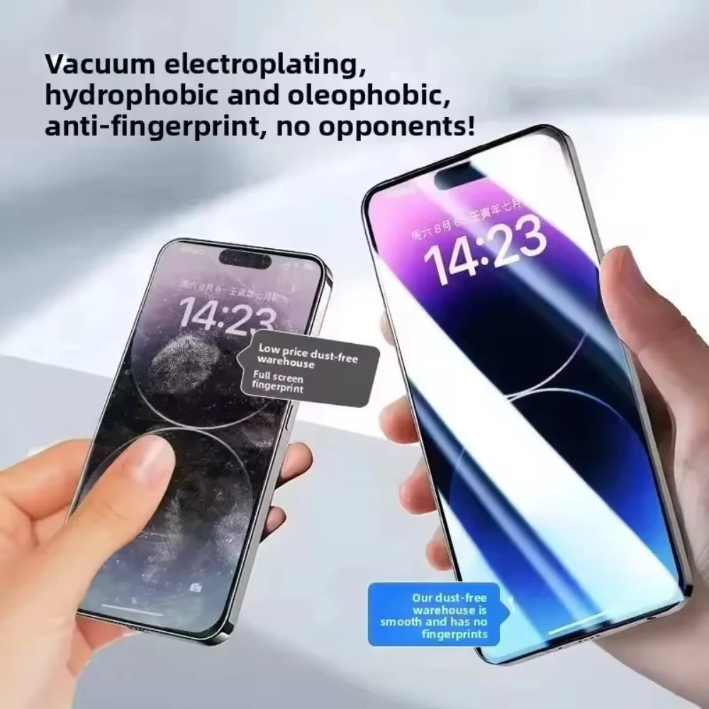 A hand holds a smartphone displaying a screen protector, highlighting its hydrophobic and anti-fingerprint features.