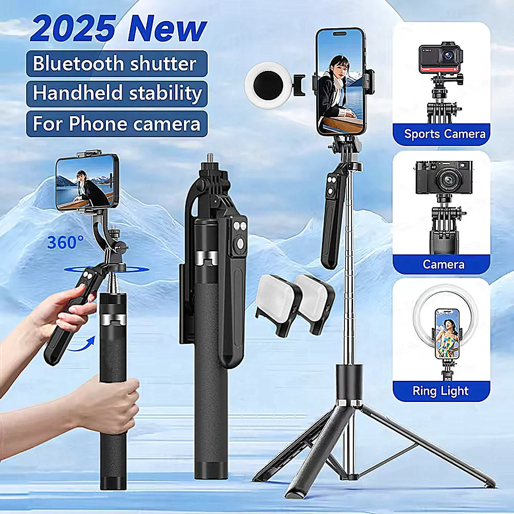 A 360 degree rotation selfie stick with a Bluetooth shutter and handheld stability features for phone cameras.