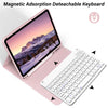 Rosa Magnet-Tastatur, befestigt an ein silbernes iPad, zeigt eine abnehmbare Tastaturfunktion.