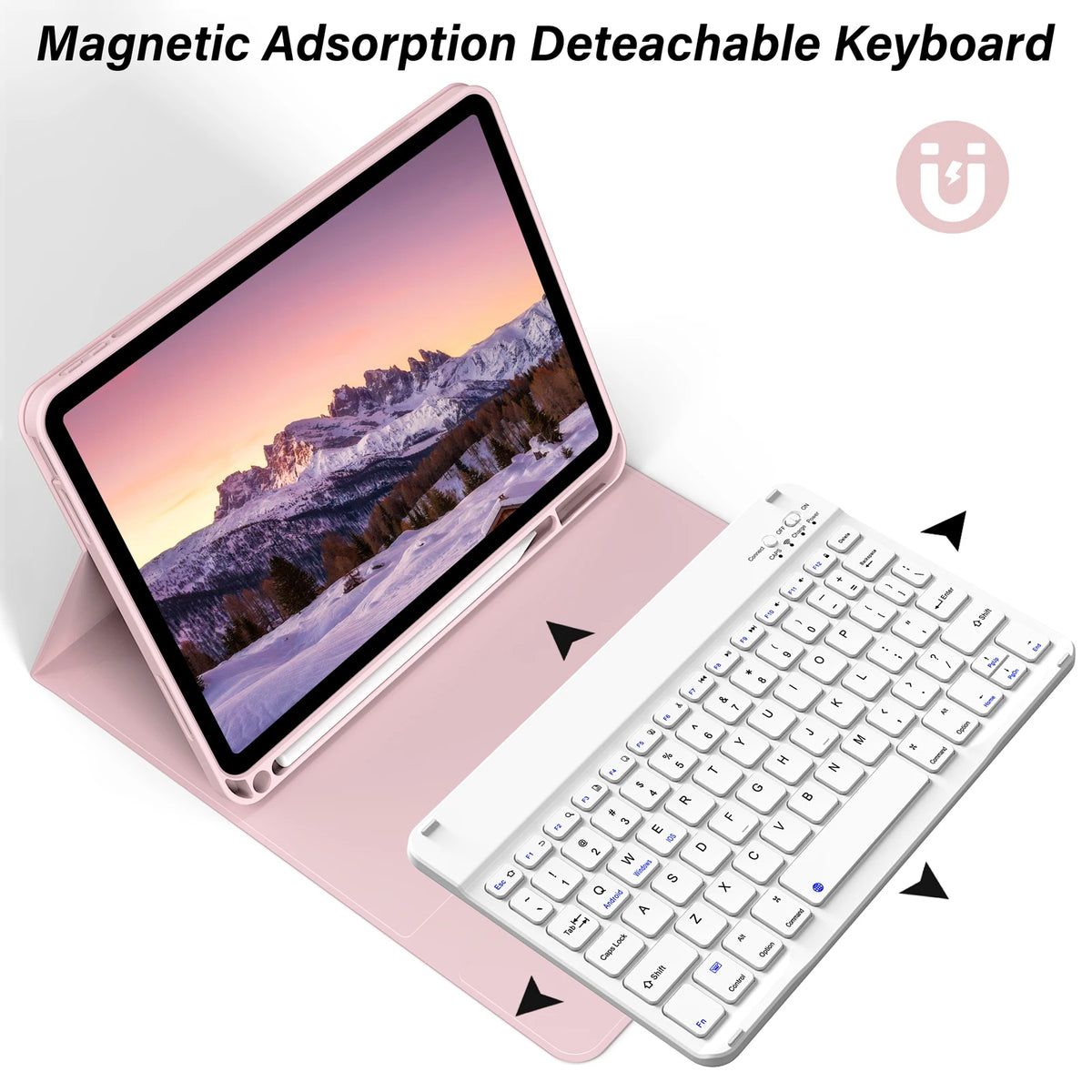 Rosa Magnet-Tastatur, befestigt an ein silbernes iPad, zeigt eine abnehmbare Tastaturfunktion.