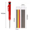 A red refillable woodworking marker pencil with 2.8mm lead and a clear plastic container holding multiple sharpened pencils.