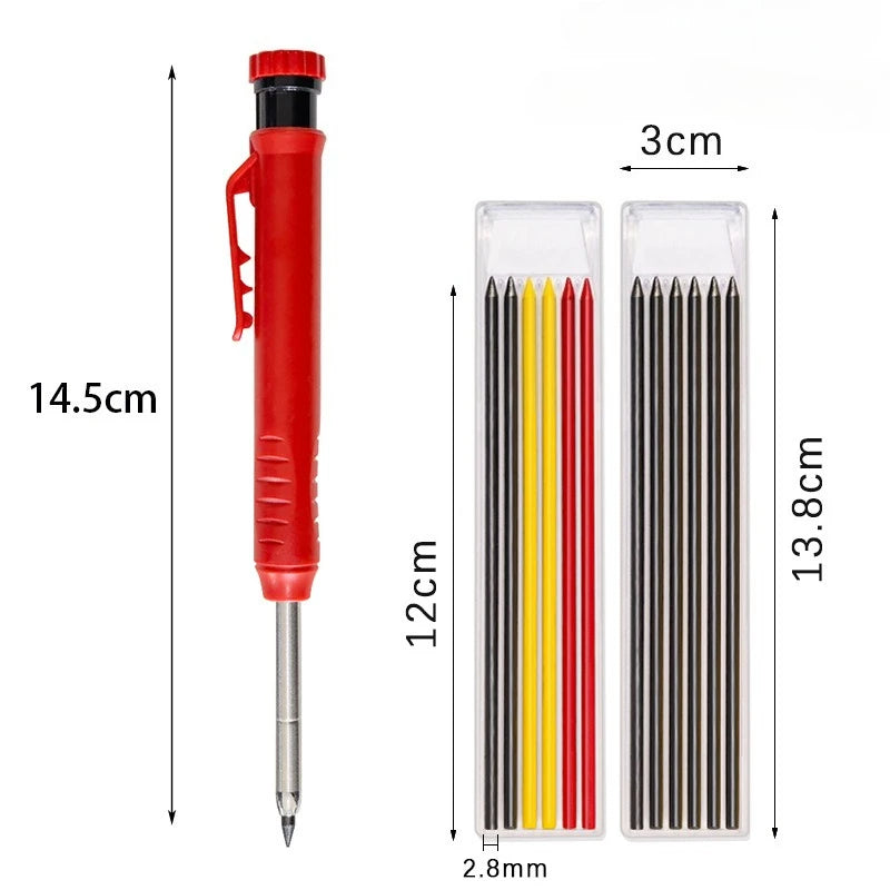 A red refillable woodworking marker pencil with 2.8mm lead and a clear plastic container holding multiple sharpened pencils.