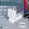شاحن سريع أبيض بقوة 100 واط ومنفذ USB-C مع كابل ملفوف بجوار أجهزة إلكترونية مختلفة.