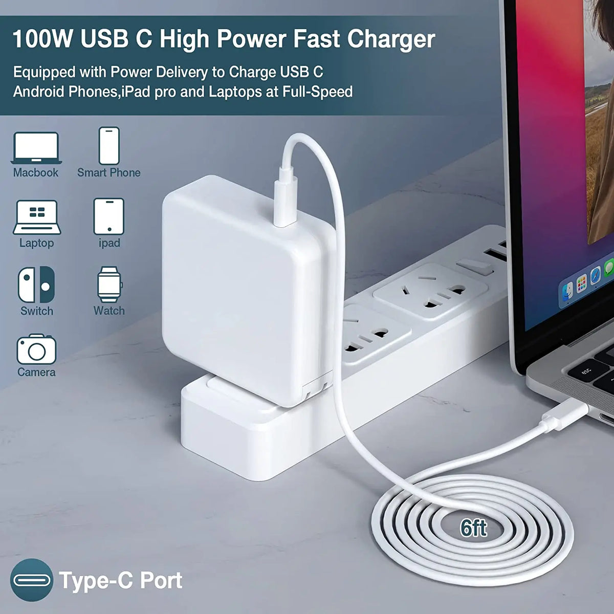 شاحن سريع أبيض بقوة 100 واط ومنفذ USB-C مع كابل ملفوف بجوار أجهزة إلكترونية مختلفة.