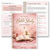 A pink and gold guided Bible study journal for women with weekly reflection sections and scripture readings.