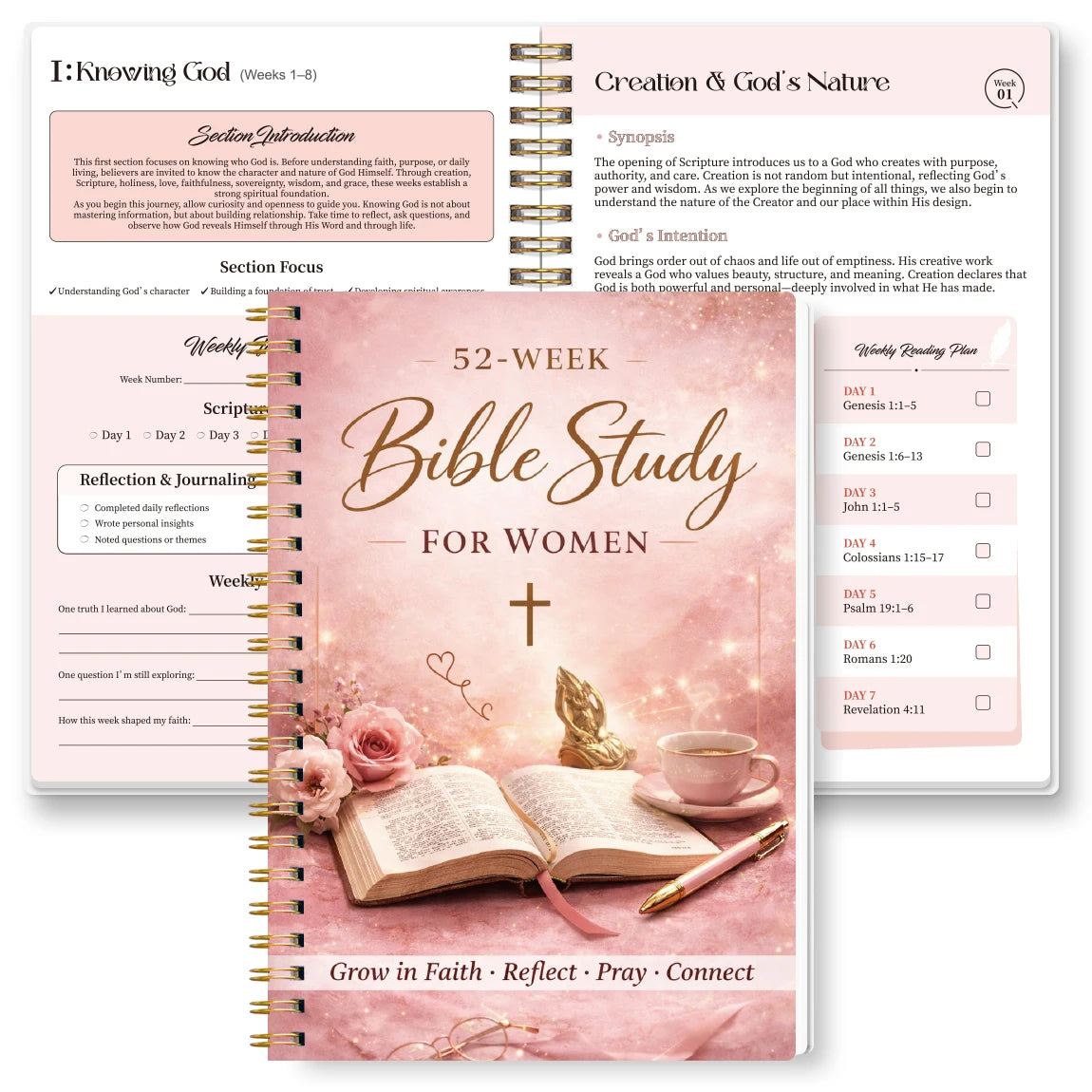 A pink and gold guided Bible study journal for women with weekly reflection sections and scripture readings.