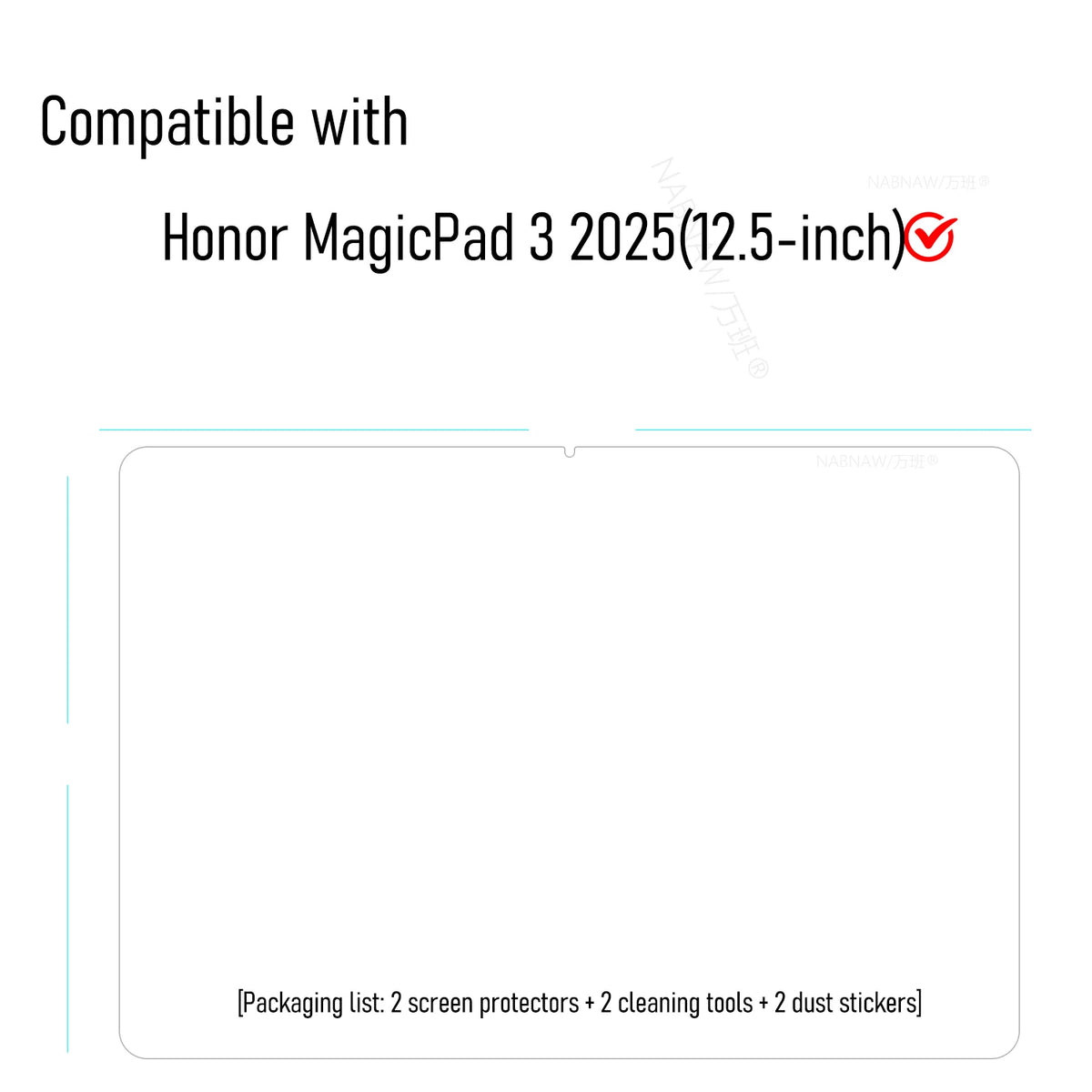 Packaging list for a set of screen protectors, cleaning tools, and dust stickers for the Honor MagicPad 3