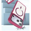 A pink magnetic shockproof iPhone case with a camera lens protection feature is displayed on a light blue background.