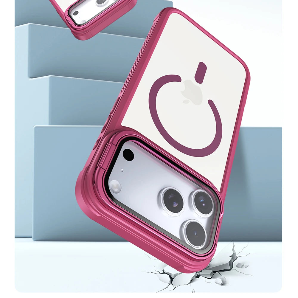A pink magnetic shockproof iPhone case with a camera lens protection feature is displayed on a light blue background.