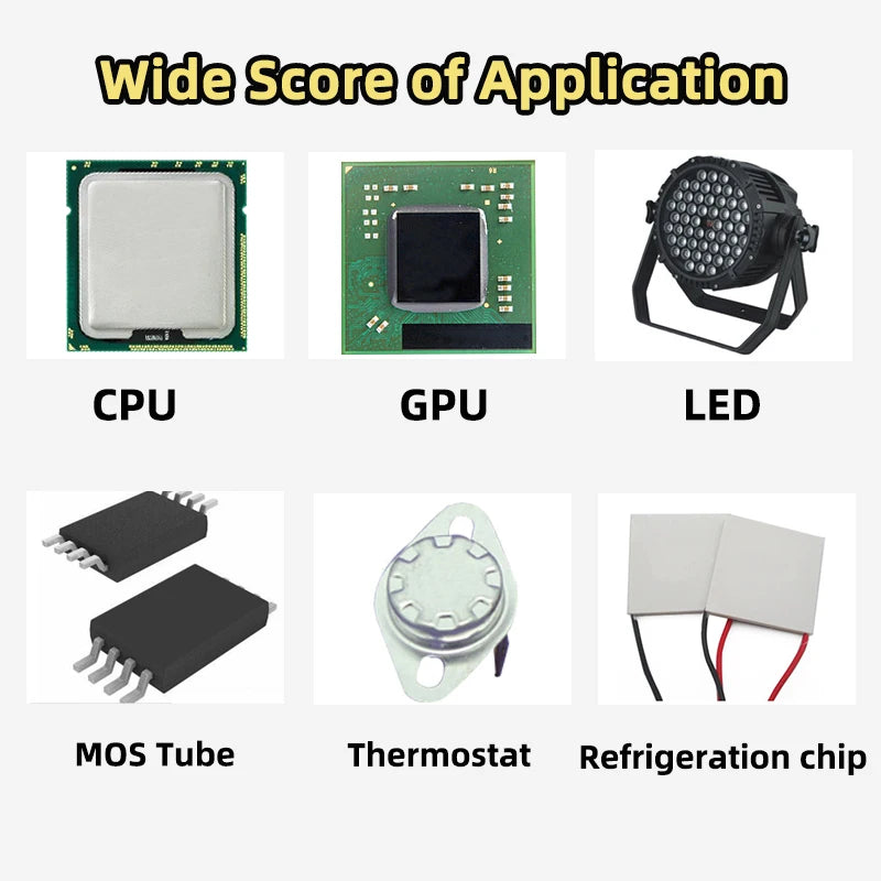 Components of a high-performance thermal conductive grease paste including CPU, GPU, LED, MOS Tube, Thermostat, and Refrigera