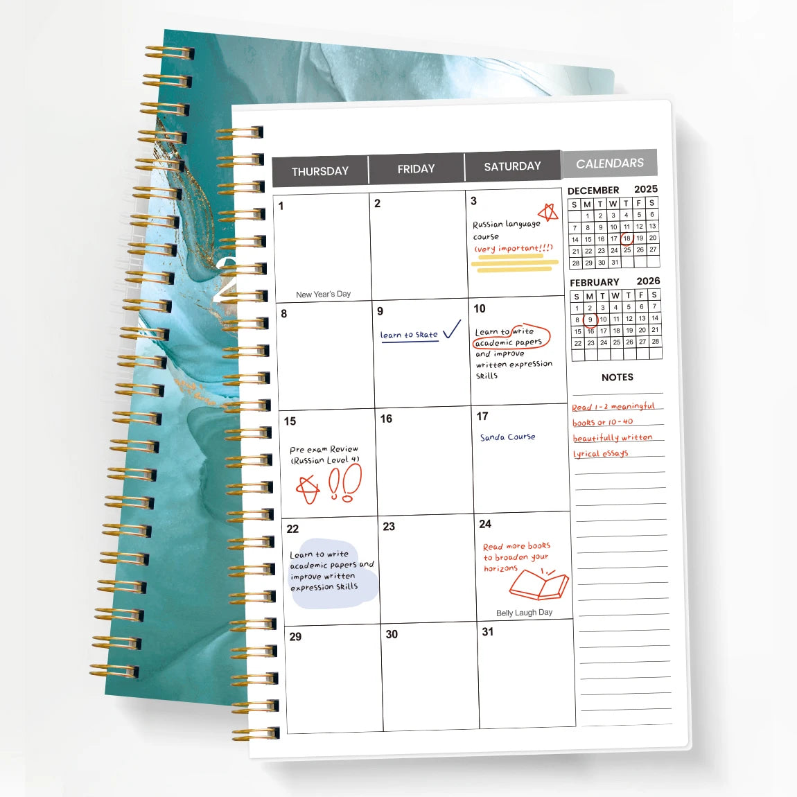 A spiral-bound weekly and monthly planner with grid layouts for planning and notes.