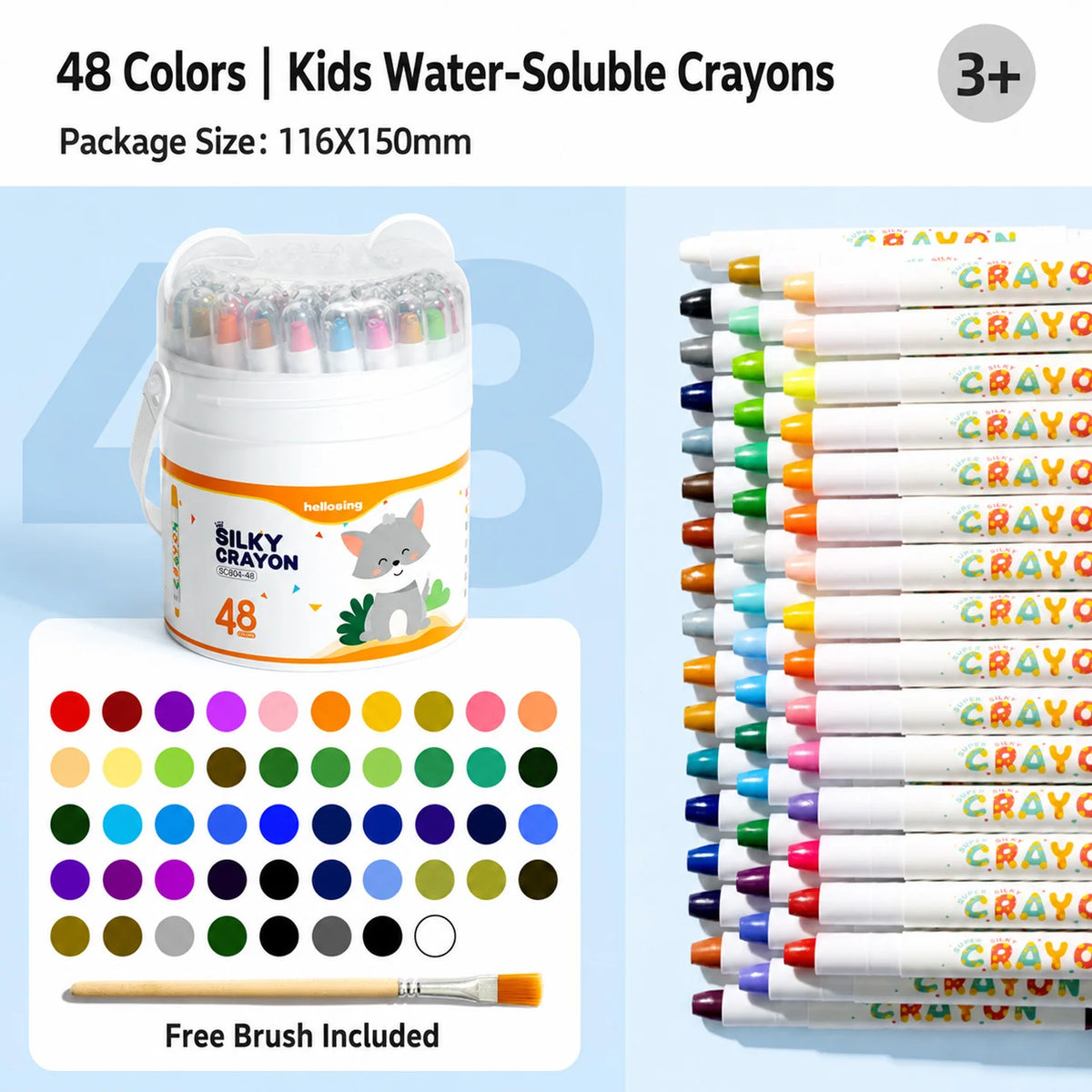 A package of 48 kids water-soluble crayons in twist-up tubes with a color palette displayed below.