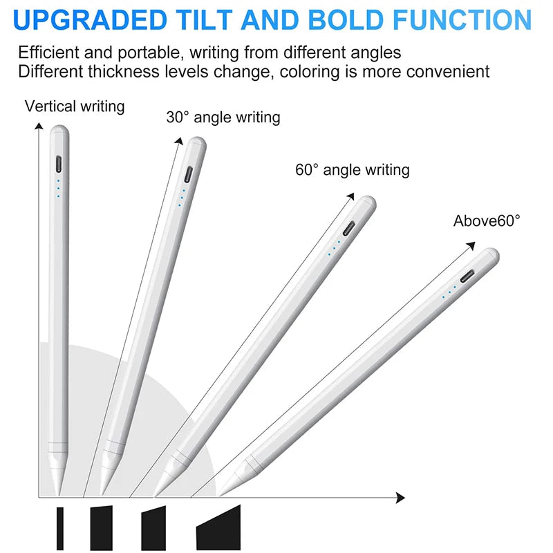 A set of precision active stylus pens demonstrating various tilt and bold writing angles including vertical, 30 degree, 60 de