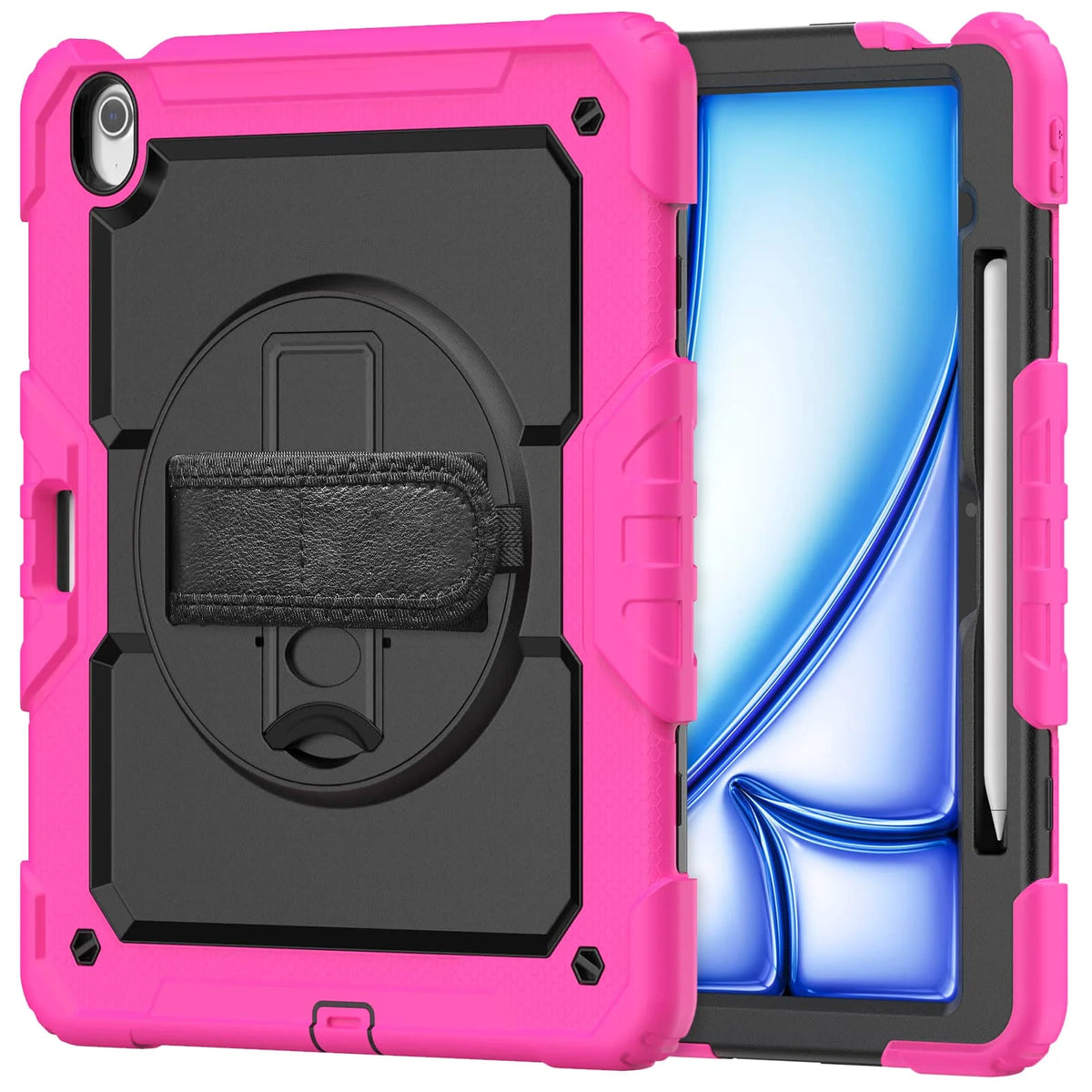 A pink heavy duty shockproof iPad case with a black screen protector and built-in accessories.