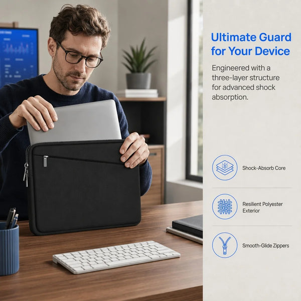 A person is holding a black laptop sleeve designed for shock absorption on a wooden desk.