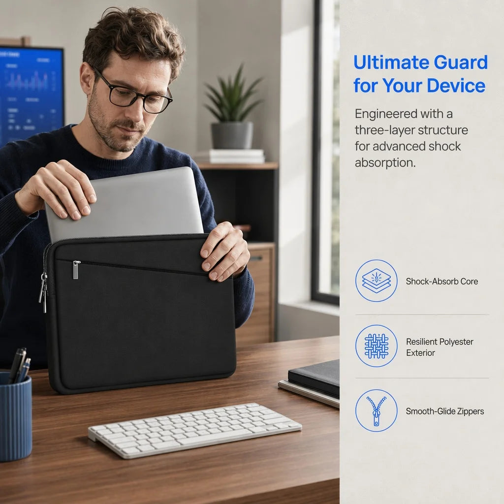 Une personne tient une housse pour ordinateur portable noire, conçue pour l'absorption des chocs, sur un bureau en bois.