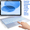 A hand is using a backlit 360° rotatable multi-touch keyboard case for an iPad, showing various language options.