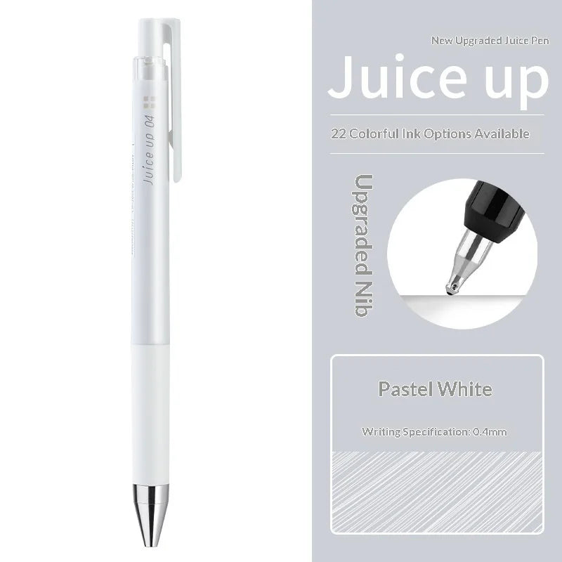 A white Pilot Juice Up fine point gel pen is shown with a black cap and writing specifications.