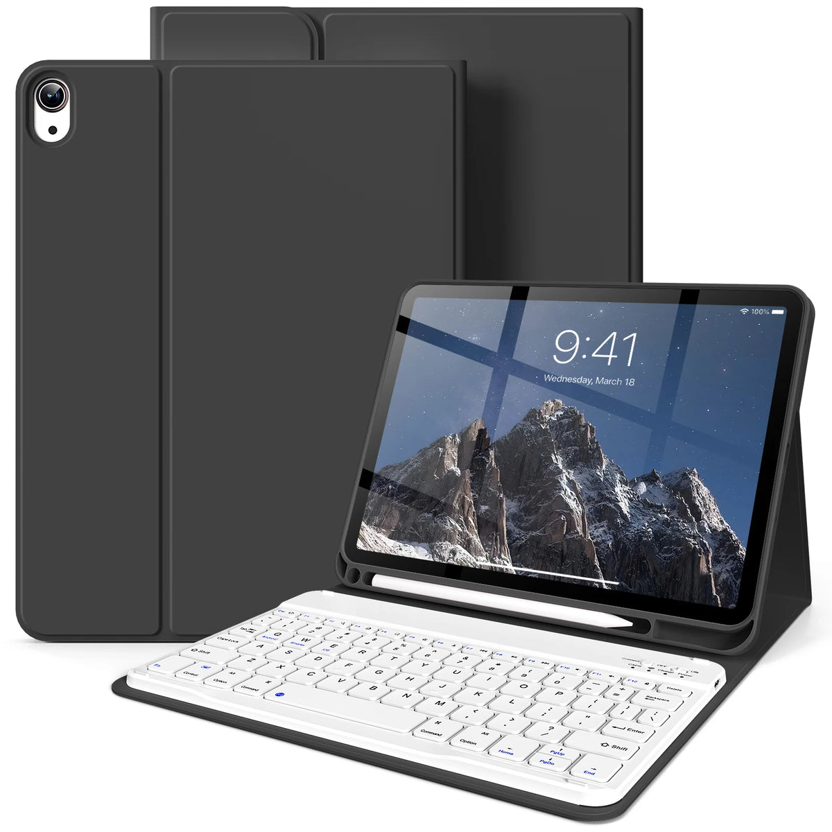 Dunkelgraver Leder-Keyboard-Halter für iPad, gezeigt mit Tablet und passender Tastatur.