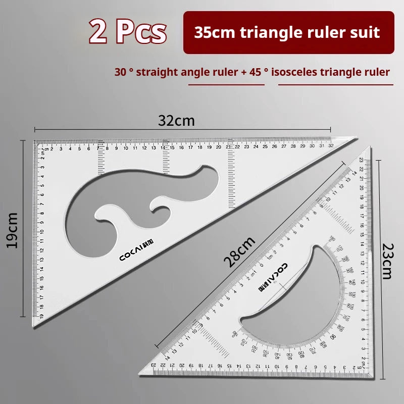 Two pieces of a 35cm triangle ruler suit including a 30 degree straight angle ruler and a 45 degree isosceles triangle ruler