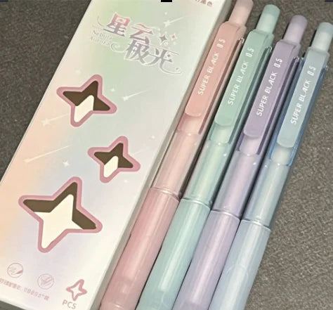 A pack of four pastel gradient gel pens with black ink in various shades and finishes.