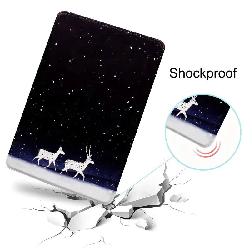 A black shockproof case for a Kindle Paperwhite showing a cracked screen effect.