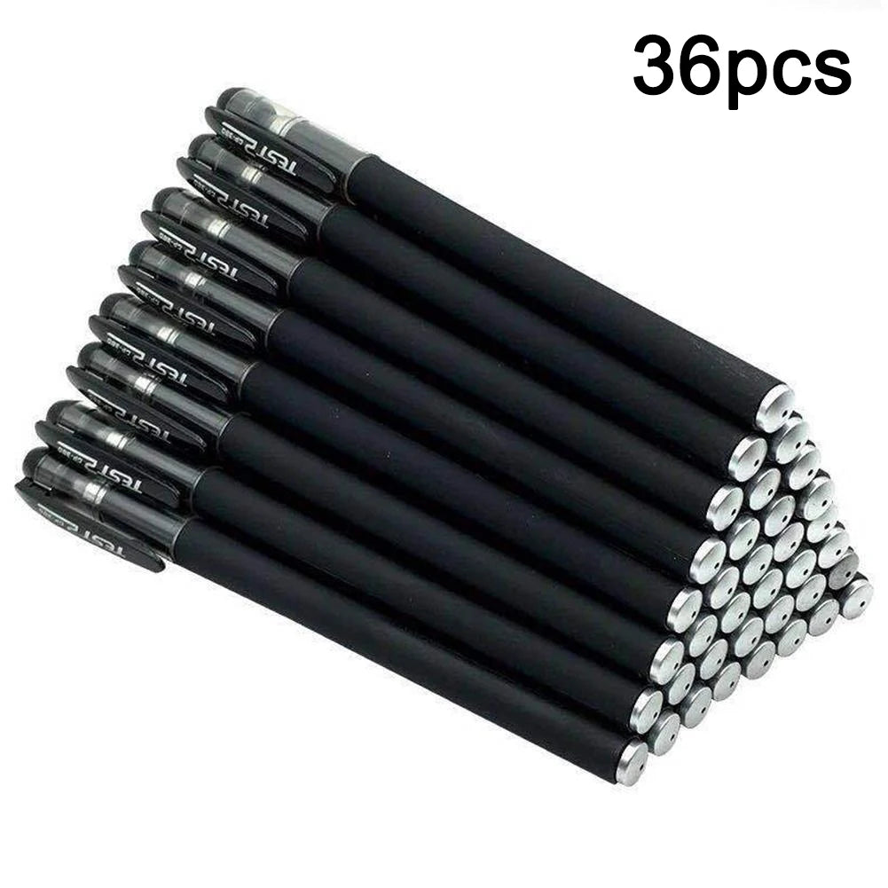 A bulk pack of 36 black gel ink pens with silver tips arranged in a diagonal line.