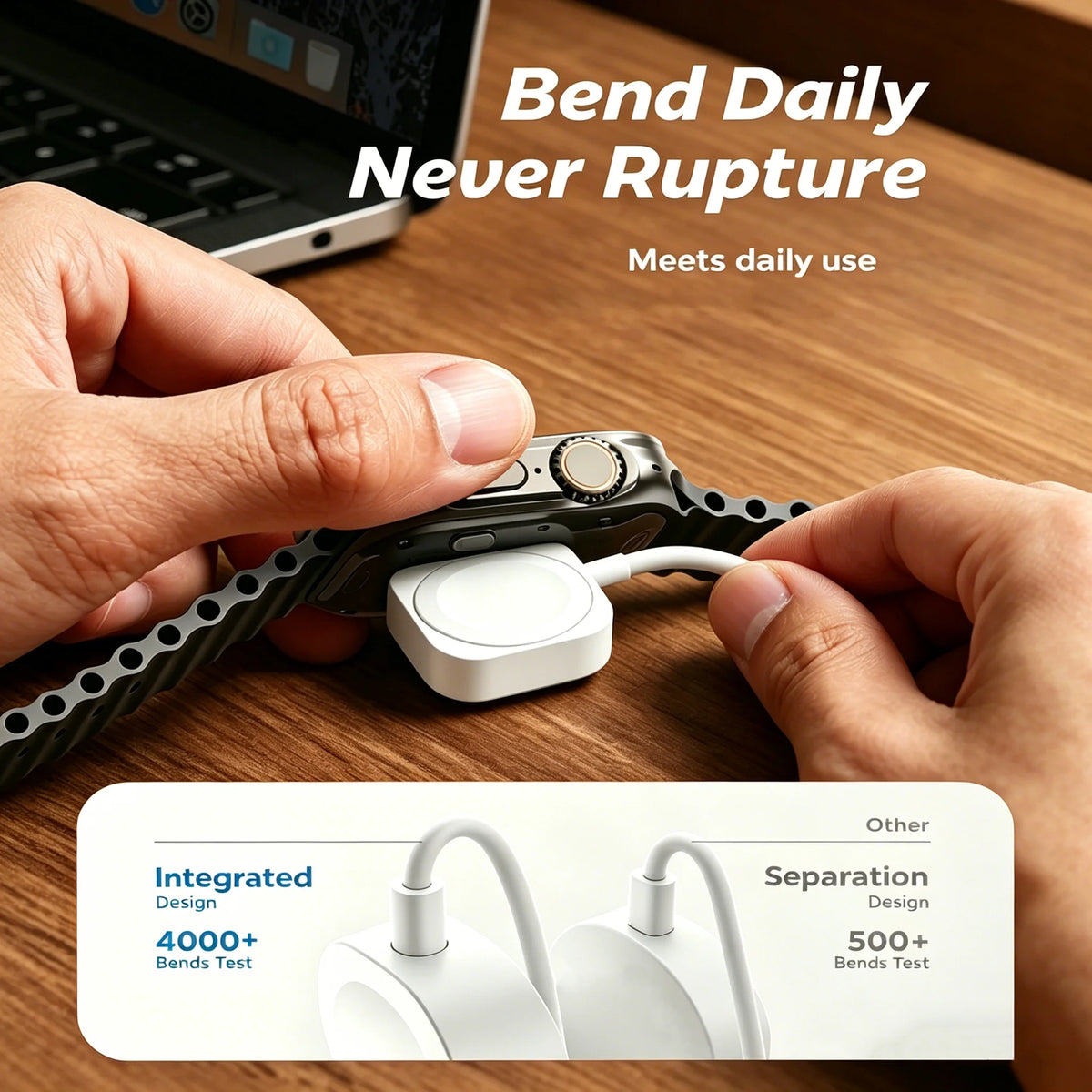 Hands demonstrate the bend durability of a magnetic USB to Type-C watch charging cable.