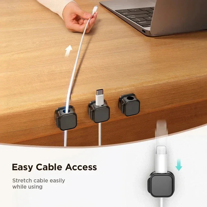 Magnetic cable clips allow users to easily stretch and manage cables on a desk for organization.
