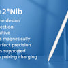 A white stylus pen is shown next to a box, highlighting features like all-in-one design and magnetic attachment.