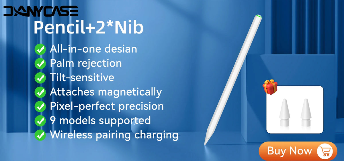 A white stylus pen is shown next to a box, highlighting features like all-in-one design and magnetic attachment.