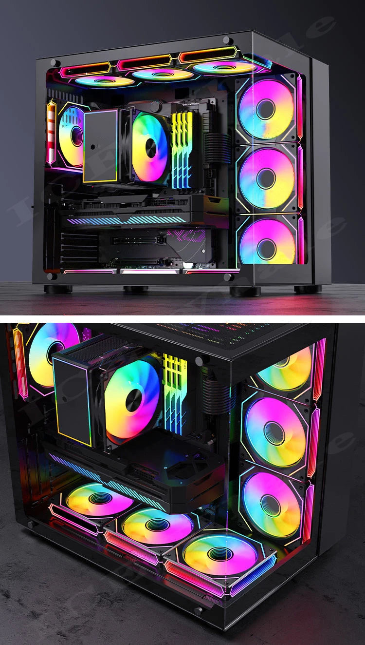 صندوق حاسوب أسود يعرض مروحة تبريد عالية الأداء بإضاءة RGB ومكونات مختلفة.