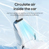 A car seat fan is shown directing cool air onto a person inside the car for air circulation.