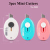 Three mini cutters in white, blue, and pink colors shown against a purple background.