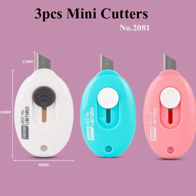 Three mini cutters in white, blue, and pink colors shown against a purple background.