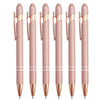 A set of pink retractable stylus and ballpoint pens shown vertically.