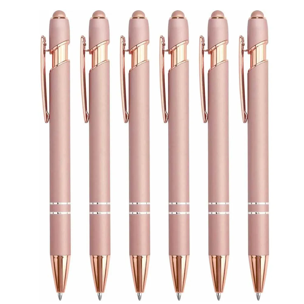 A set of pink retractable stylus and ballpoint pens shown vertically.