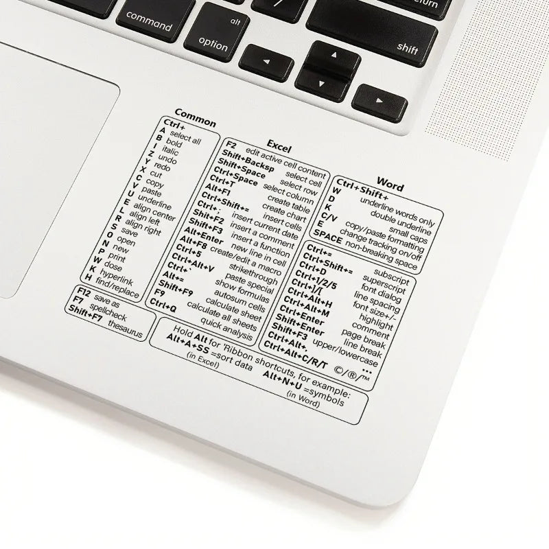 A close-up view of a white keyboard with vinyl shortcut stickers for Windows, Excel, and Word functions.