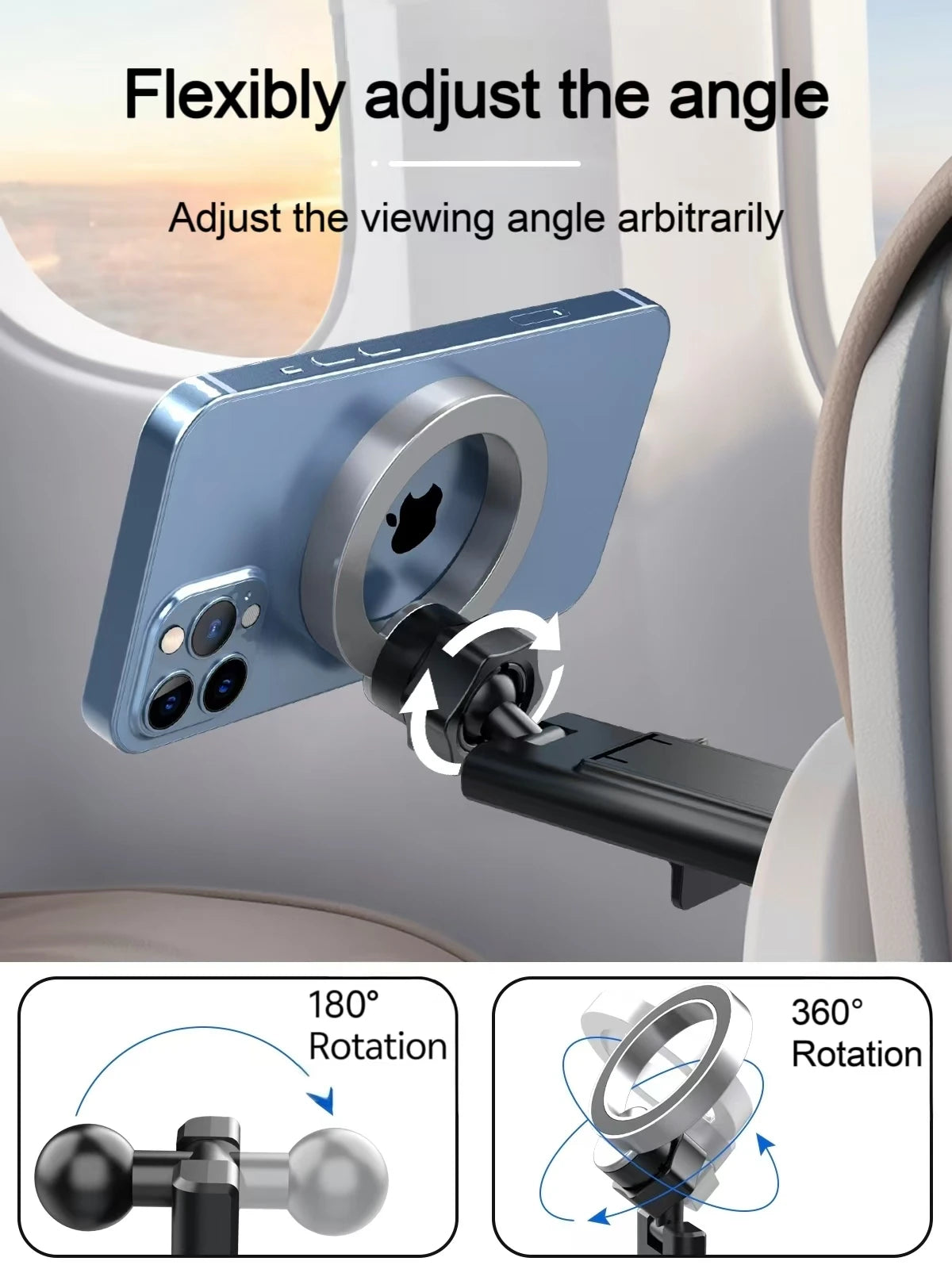 Blender magnetischer Handyhalter, der die Blickwinkel für 180- und 360-Grad-Rotation demonstriert.