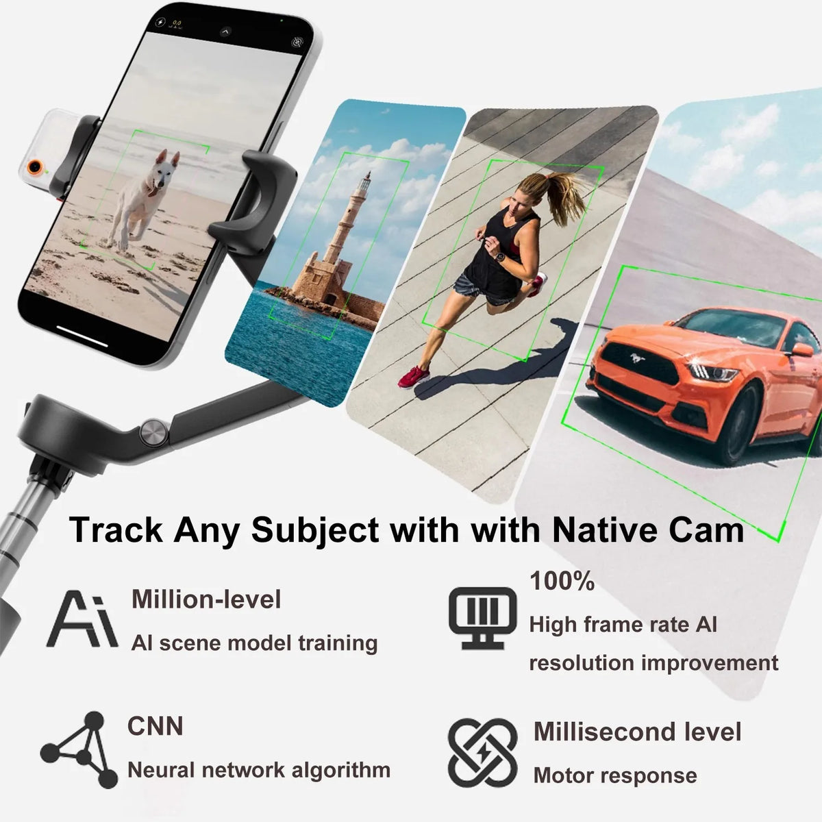 A smartphone is mounted on a gimbal stabilizer, tracking a subject outdoors.