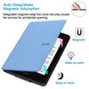 Light blue magnetic protective case for a Kindle e-reader showing sleep and wake functions