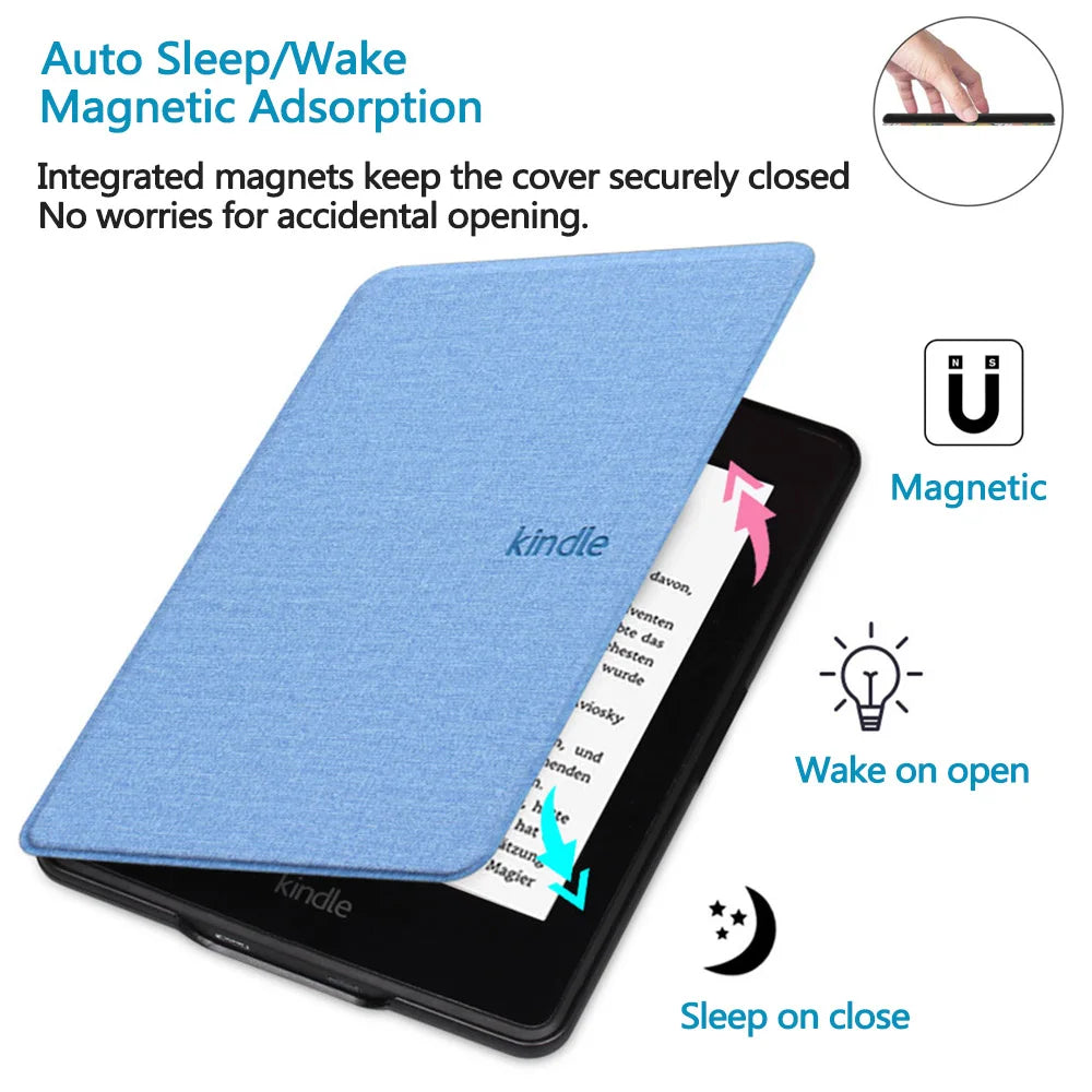 Light blue magnetic protective case for a Kindle e-reader showing sleep and wake functions